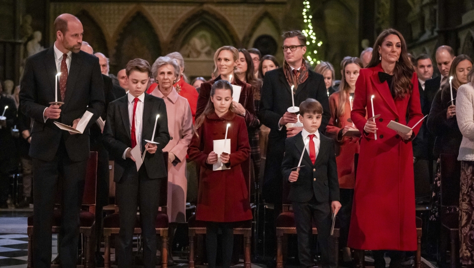 Britain's William, The Prince of Wales, from left, Prince George, Princess Charlotte, Prince Louis and Kate, the Princess of Wales, during the Together At Christmas carol service at Westminster Abbey, in London, Friday, Dec. 6, 2024. (Aaron Chown/Pool Photo via AP)