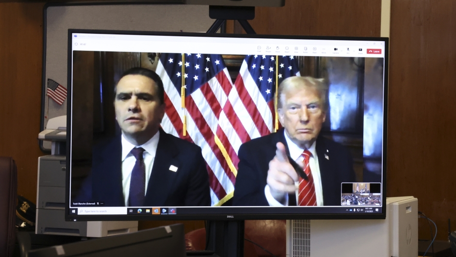 U.S. President-elect Donald Trump appears remotely for a sentencing hearing in front of New York State Judge Juan Merchan in the criminal case in which he was convicted in 2024 on charges involving hush money paid to a porn star, at New York Criminal Court in Manhattan in New York, Jan. 10, 2025. (Brendan McDermid via AP, Pool)    Associated Press / LaPresse Only italy and Spain