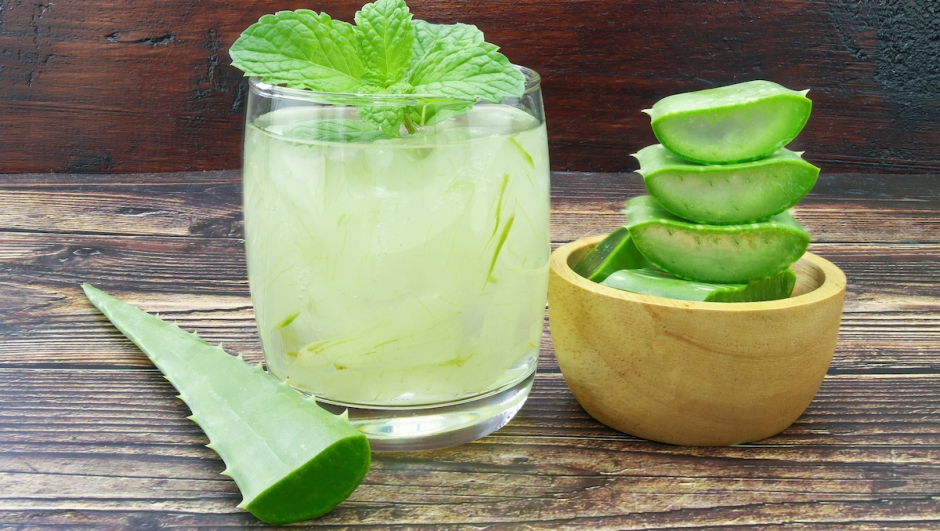 Aloe Vera for drinking on wood table