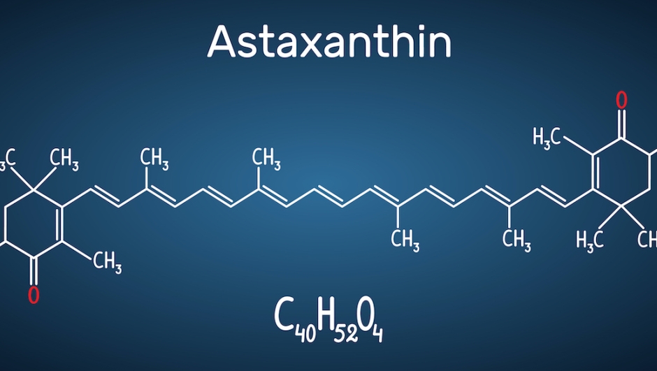 Astaxanthin is a keto-carotenoid. It belongs to class of chemical terpenes Structural chemical formula and molecule model on the dark blue background. Vector illustration