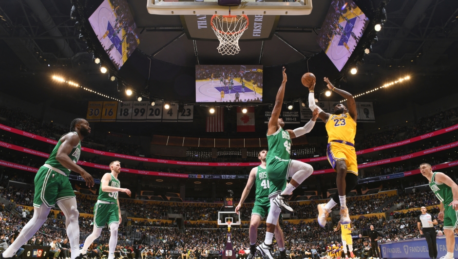 LOS ANGELES, CA - JANUARY 23: LeBron James #23 of the Los Angeles Lakers shoots the ball during the game against the Boston Celtics on January 23, 2025 at Crypto.Com Arena in Los Angeles, California. NOTE TO USER: User expressly acknowledges and agrees that, by downloading and/or using this Photograph, user is consenting to the terms and conditions of the Getty Images License Agreement. Mandatory Copyright Notice: Copyright 2025 NBAE   Adam Pantozzi/NBAE via Getty Images/AFP (Photo by Adam Pantozzi / NBAE / Getty Images / Getty Images via AFP)