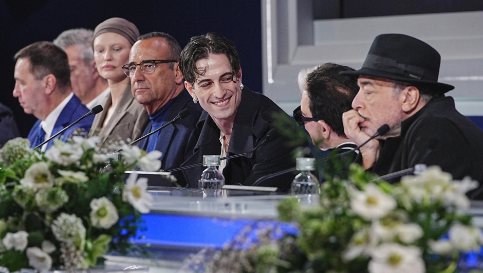 Damiano David attend the press conference at 75th edition of the Sanremo Italian Song Festival at the Ariston Theatre in Sanremo, northern Italy - Wednesday, February 12, 2025. Entertainment. (Photo by Marco Alpozzi/LaPresse)