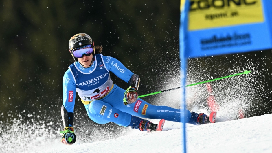 Italy's Federica Brignone competes in the first run of the Women's Giant Slalom event of the Saalbach 2025 FIS Alpine World Ski Championships in Hinterglemm on February 13, 2025. (Photo by Fabrice COFFRINI / AFP)