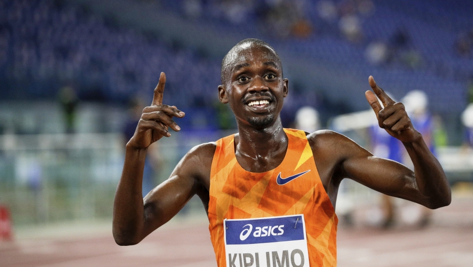 FILE - Uganda's Jacob Kiplimo celebrates his world record of 7 minutes and 26.64 seconds after winning the men's 3000m competition at the Golden Gala Pietro Mennea IAAF Diamond League athletics meet in Rome, Thursday, Sept. 17, 2020. (AP Photo/Gregorio Borgia, File)