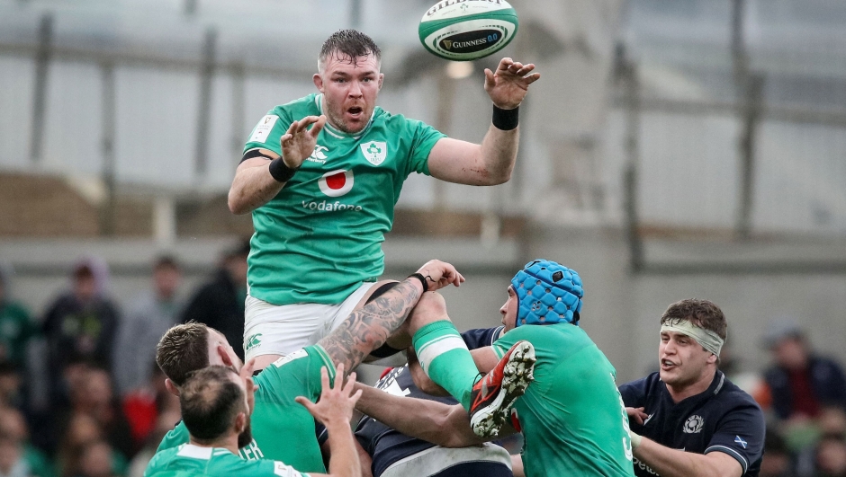 Ireland's flanker Peter O'Mahony catches the ball during the Six Nations international rugby union match between Ireland and Scotland at the Aviva Stadium in Dublin, on March 16, 2024. (Photo by Paul Faith / AFP)