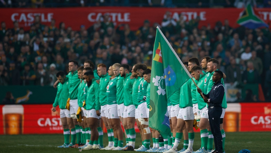 Ireland players sing their national anthem ahead of the first Rugby Union test match between South Africa and Ireland at Loftus Versfeld stadium in Pretoria on July 6, 2024. (Photo by PHILL MAGAKOE / AFP)