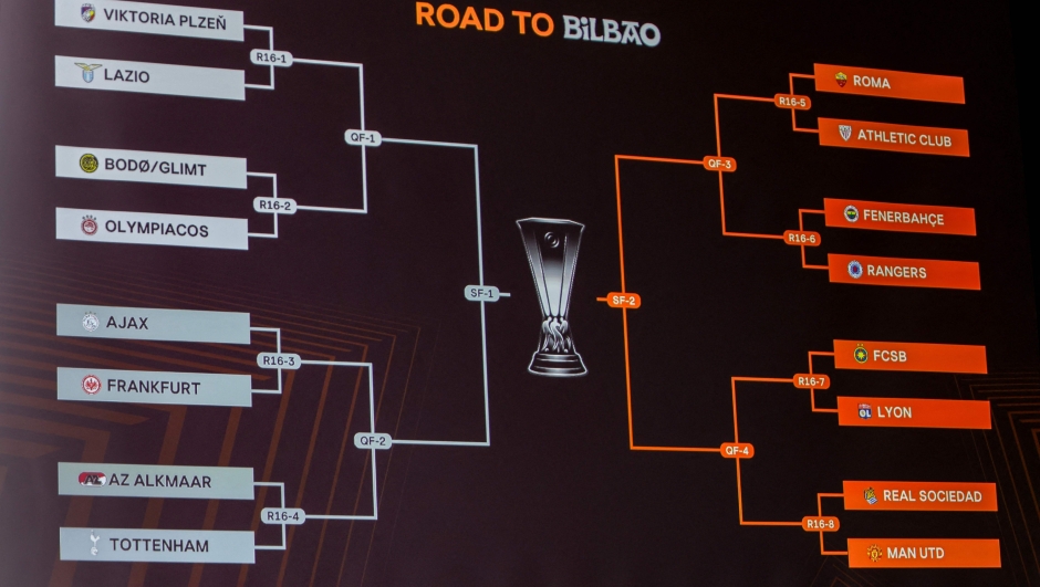 A screen displays the result of the draw for the round of 16 of the 2024-2025 UEFA Europa League football tournament at the House of European Football in Nyon, on February 21, 2025. (Photo by Valentin Flauraud / AFP)