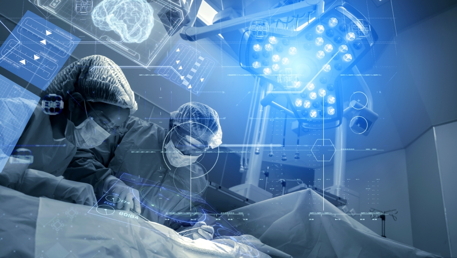 Operating room Doctor or Surgeon anatomy on Advanced robotic surgery machine futuristic virtual interface, robotic surgery are precision, miniaturisation future of tomorrow healthcare and wellness