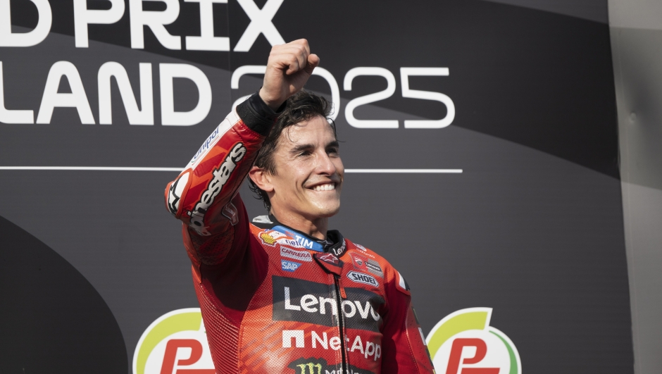 BURIRAM, THAILAND - MARCH 02: Marc Marquez of Spain and Ducati Lenovo Team celebrates the victory on the podium during the MotoGP race during the MotoGP Of Thailand - Race at Chang International Circuit on March 02, 2025 in Buriram, Thailand. (Photo by Mirco Lazzari gp/Getty Images)