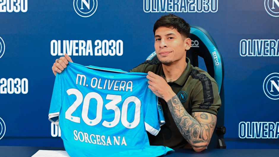 NAPLES, ITALY - MARCH 04: SSC Napoli Mathias Olivera extends his contract with the club until 2030 on March 04, 2025 in Naples, Italy. (Photo by SSC NAPOLI/SSC NAPOLI via Getty Images)