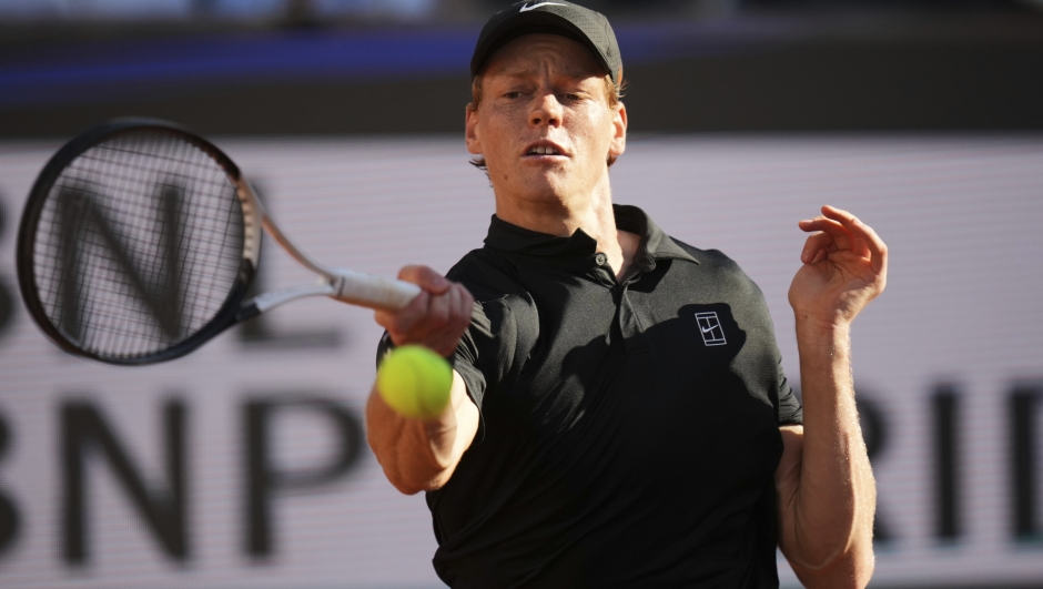 Italy's Jannik Sinner returns the ball to Netherlands' Jesper De Jong during their tennis match at the Italian Open at the Foro Italico, in Rome, Monday, May 12, 2025. Associated Press / LaPresse Only italy ,and spain