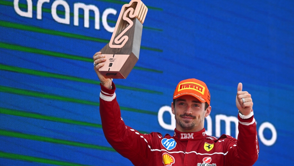 Third placed Charles Leclerc of Monaco and Scuderia Ferrari lifts his trophy on the podium during the F1 Grand Prix of Spain at Circuit de Barcelona-Catalunya on June 01, 2025 in Barcelona, Spain. (Photo by Rudy Carezzevoli/Getty Images)