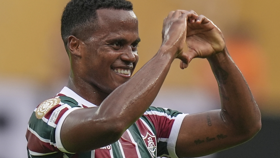 Fluminense's Jhon Arias (21) reacts after scoring a goal against Ulsan HD during the first half of a Club World Cup group F soccer match, Saturday, June 21, 2025, in East Rutherford, N.J. (AP Photo/Seth Wenig)