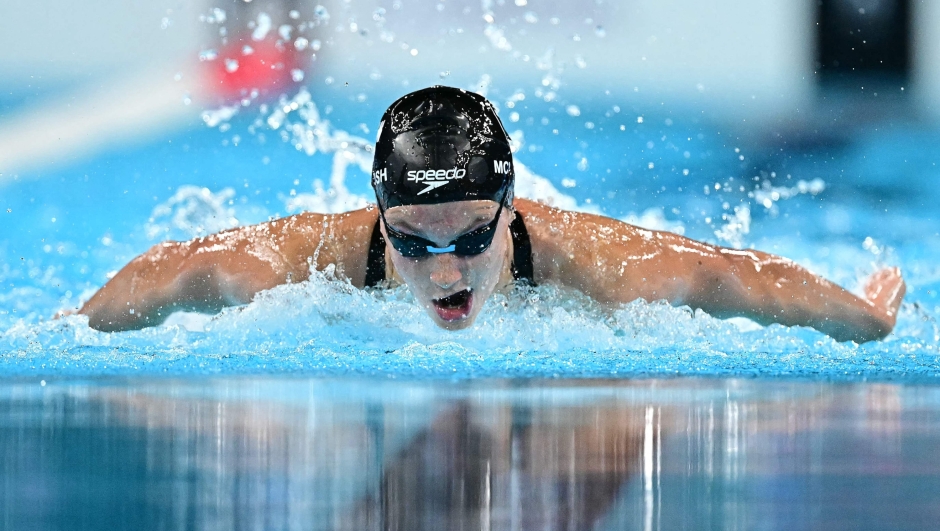 (FILES) Canada's Summer Mcintosh competes in the semifinal of the women's 200m individual medley swimming event during the Paris 2024 Olympic Games at the Paris La Defense Arena in Nanterre, west of Paris, on August 2, 2024. Canada's Summer Mcintosh moved to Antibes (Alpes-Maritimes) at the start of the season to prepare to &#145;make her mark in history&#146; at the World Swimming Championships, which begin on July 27, 2025 in Singapore, according to her French coach Frédéric Vergnoux in an interview with AFP. (Photo by Manan VATSYAYANA / AFP)