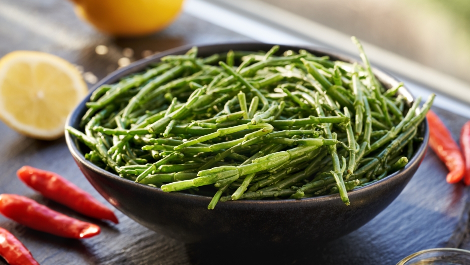 A bowl of fresh green Salicornia or Samphire seaweed on a table with lemon, oil and chilli peppers