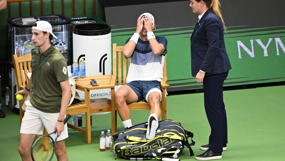 epa12462217 Holger Rune of Denmark reacts during the singles semifinal match against Ugo Humbert of France (not pictured) at the BNP Paribas Nordic Open tennis tournament in Stockholm, Sweden, 18 October 2025. EPA/Anders Wiklund SWEDEN OUT
