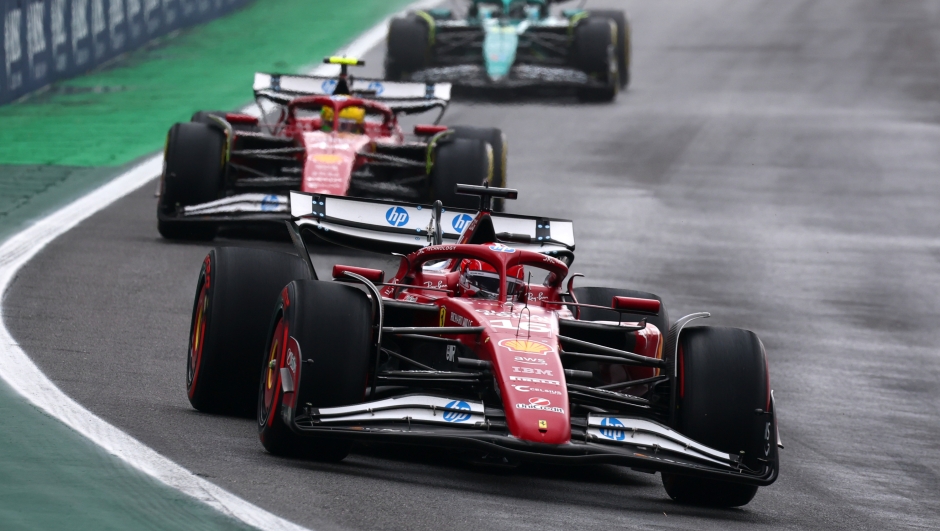  Charles Leclerc of Monaco driving the (16) Scuderia Ferrari SF-25 leads Lewis Hamilton of Great Britain driving the (44) Scuderia Ferrari SF-25 and Lance Stroll of Canada driving the (18) Aston Martin F1 Team AMR25 Mercedes on track during the Sprint ahead of the F1 Grand Prix of Brazil at Autodromo Jose Carlos Pace on November 08, 2025 in Sao Paulo, Brazil. (Photo by Mark Thompson/Getty Images)