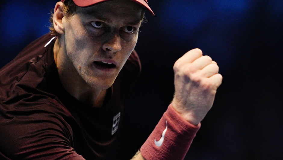 Italy's Jannik Sinner react during the singles tennis match of the ATP World Tour Finals against Germany's Alexander Zverev  at the Inalpi Arena in Turin, Italy - Wednesday, Nov. 12, 2025. Sport - (Photo by Marco Alpozzi/Lapresse)