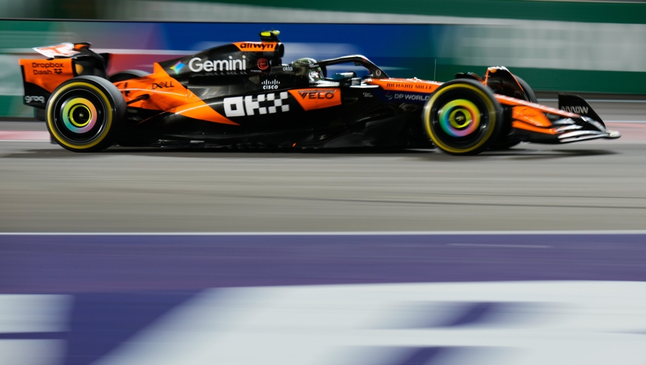 McLaren driver Lando Norris of Great Britain drives during the Formula One Las Vegas Grand Prix auto race, Saturday, Nov. 22, 2025 in Las Vegas. (AP Photo/John Locher)