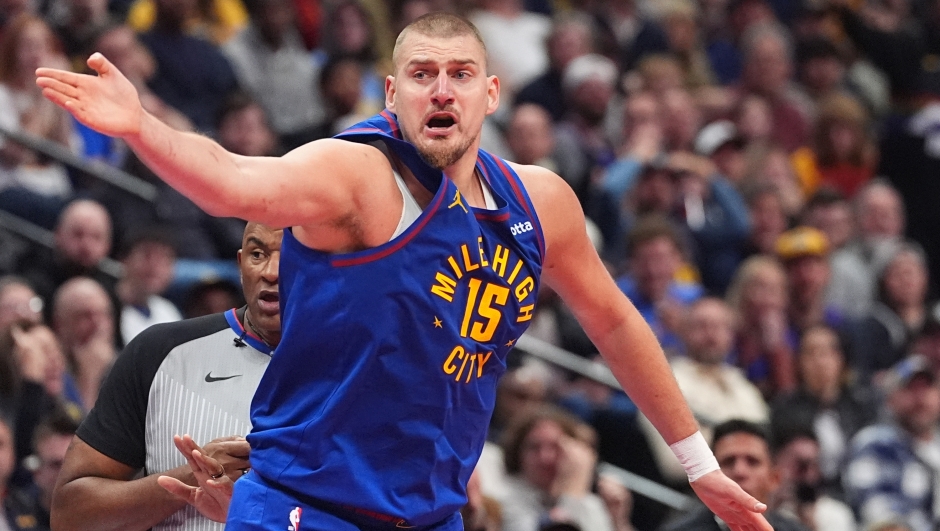 Denver Nuggets center Nikola JokiÄ&#135; argues for a call in the second half of an NBA Cup basketball game against the San Antonio Spurs Friday, Nov. 28, 2025, in Denver. (AP Photo/David Zalubowski)