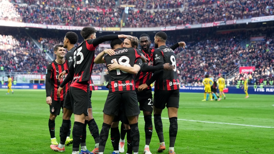 AC Milan's Christopher Nkunku , AC Milan's Luka Modric celebrates after scoring 2-0   during the Serie A soccer match between Milan and Hellas Verona  at the San Siro  Stadium in Milan , north Italy - Sunday , December 28 , 2025. Sport - Soccer . (Photo by Spada/LaPresse)
