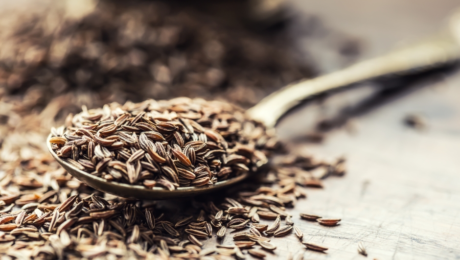 Cumin.Caraway seeds on wooden table. Cumin in vintage bronze bowl and spoon.
