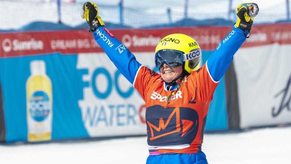 ENGADIN, SWITZERLAND - MARCH 28 Michela Moioli of Team Italy wins the gold medal during the FIS Snowboard, Freestyle and Freeski World Championships Day 12 on March 28, 2025 in Engadin, Switzerland. (Photo by Millo Moravski/Agence Zoom/Getty Images)
