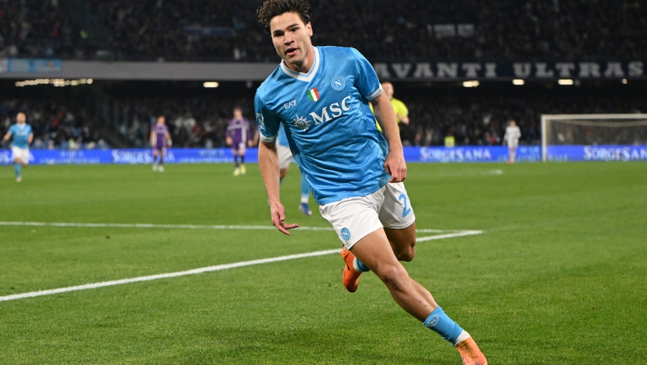  Antonio Vergara of SSC Napoli celebrates after scoring his side first goal during the Serie A match between SSC Napoli and ACF Fiorentina at Stadio Diego Armando Maradona on January 31, 2026 in Naples, Italy. (Photo by Francesco Pecoraro/Getty Images)