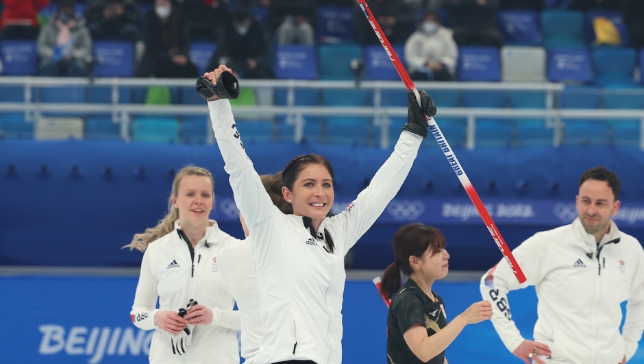  Eve Muirhead of Team Great Britain raises her arms in celebration after defeating Team Japan in the Women's Gold Medal match between Team Japan and Team Great Britain at National Aquatics Centre on February 20, 2022 in Beijing, China. (Photo by Lintao Zhang/Getty Images)
