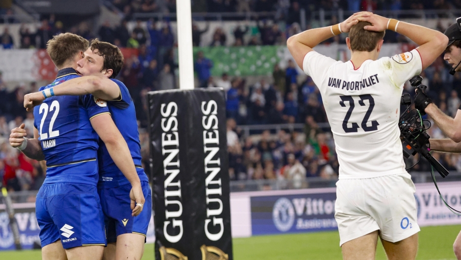 (L-R) Italys Leonardo Marin celebrates with teammate Italys Paolo Garbisi after scoring during the Six Nations rugby match between Italy and England at the Olimpico stadium in Rome, Italy, 7 March 2026. ANSA/FABIO FRUSTACI