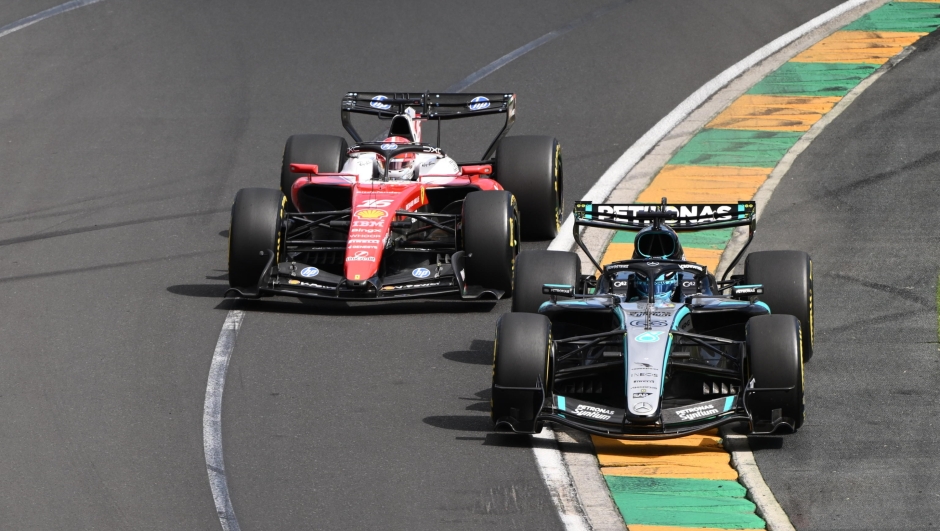 epa12802819 Mercedes-AMG PETRONAS Formula One Team
driver George Russell (R) leads Scuderia Ferrari HP driver Charles Leclerc (L) during the 2026 Australian Grand Prix 2026 Australian Grand Prix at Albert Park Circuit in Melbourne, Australia, 08 March 2026.  EPA/JOEL CARRETT EDITORIAL USE ONLY AUSTRALIA AND NEW ZEALAND OUT
