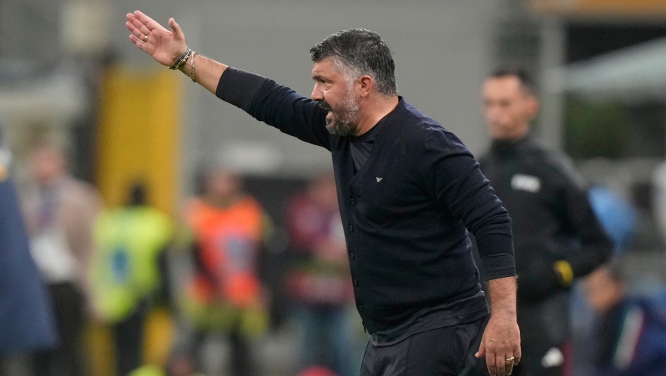 FILE -Italy's head coach Gennaro Gattuso gestures during the 2026 World Cup Group I qualifier soccer match between Italy and Norway in Milan, Italy, Nov. 16, 2025. (AP Photo/Luca Bruno, File)
