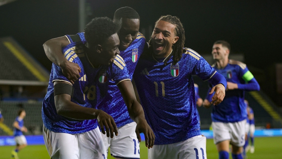  Jeff Ekhator of Italy U21 celebrates after scoring the team's third goal with Michael Kayode and Luca Kaleosho during the UEFA Under 21 EURO Qualifier match between Italy U21 and North Macedonia U21 at Stadio Carlo Castellani on March 26, 2026 in Empoli, Italy. (Photo by Gabriele Maltinti/Getty Images)