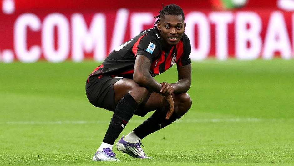  Rafael Leao of AC Milan celebrates scoring his team's first goal during the Serie A match between AC Milan and Pisa SC at Giuseppe Meazza Stadium on October 24, 2025 in Milan, Italy. (Photo by Marco Luzzani/Getty Images)