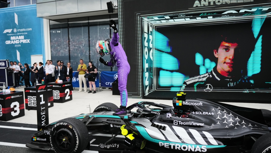 Mercedes driver Kimi Antonelli of Italy celebrates after winning the Miami Formula One Grand Prix auto race, Sunday, May 3, 2026, in Miami Gardens, Fla. (AP Photo/Rebecca Blackwell)





Associate Press/ LaPresse
Only Italy and Spain