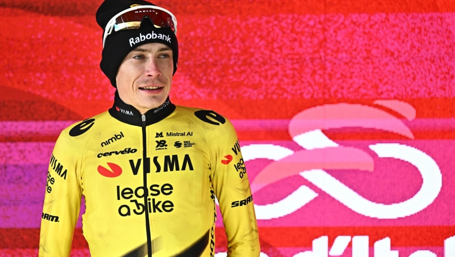 Danish rider Jonas Vingegaard Hansen  of Team Visma | Lease A Bike, poses on the podium after winning the after 7th stage of the 109 Giro d'Italia 2026, cycling race over 244 km from Formia to Blockhaus, 15 May 2026. ANSA/LUCA ZENNARO