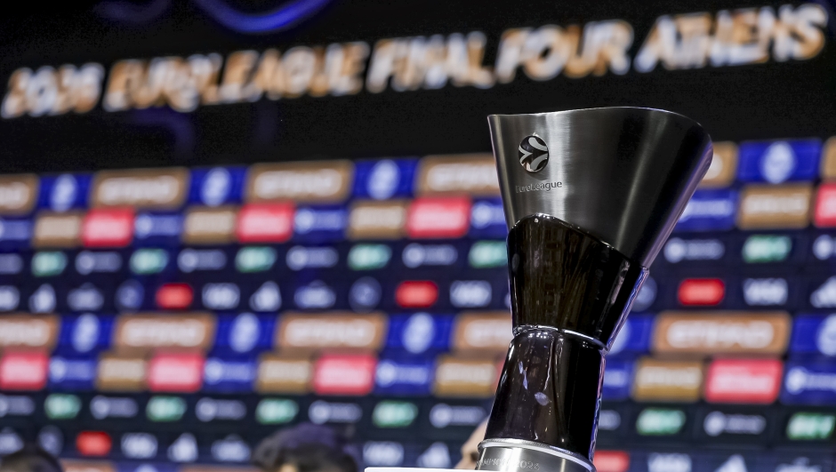  The EuroLeague trophy on display during the 2026 EuroLeague Final Four Athens Opening Press Conference at Onassis Stegi on May 21, 2026 in Athens, Greece. (Photo by Panagiotis Moschandreou/Euroleague Basketball via Getty Images)