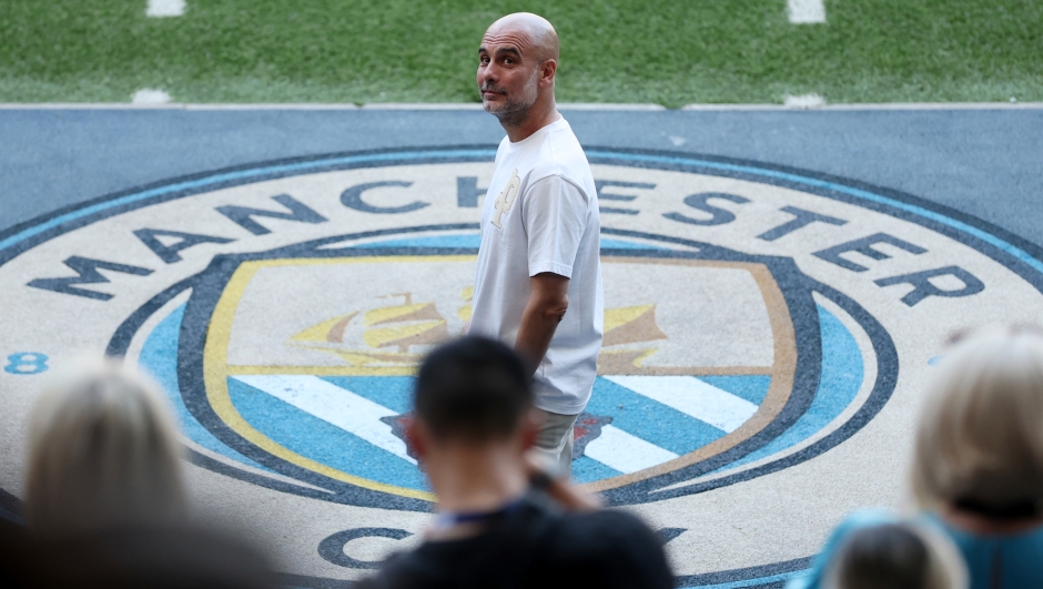  Pep Guardiola, Manager of Manchester City, looks on during his farewell ceremony following the Premier League match between Manchester City and Aston Villa at the Etihad Stadium on May 24, 2026 in Manchester, England. (Photo by Dan Mullan/Getty Images)
