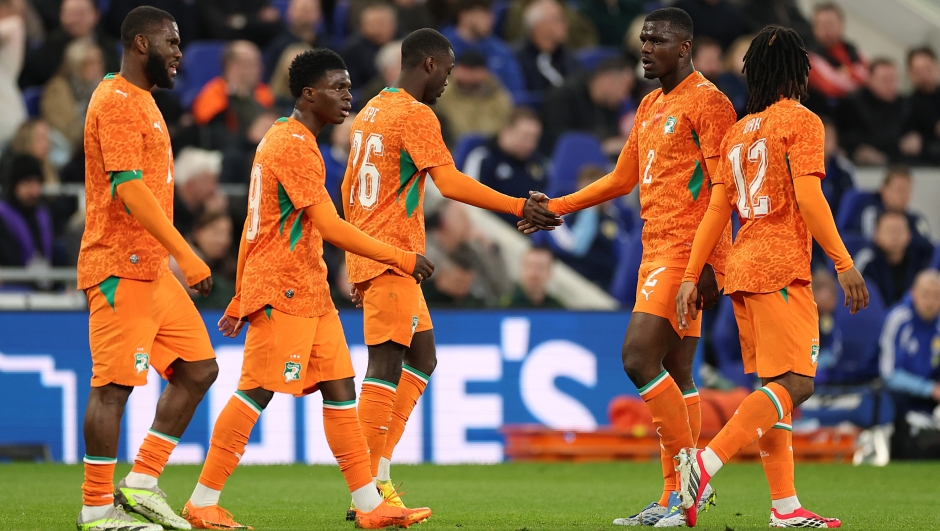  Nicolas Pepe of Ivory Coast celebrates scoring his team's first goal with teammate Ousmane Diomande of Ivory Coast during the international friendly match between Scotland and Ivory Coast at Hill Dickinson Stadium on March 31, 2026 in Liverpool, England. (Photo by Kate McShane/Getty Images)