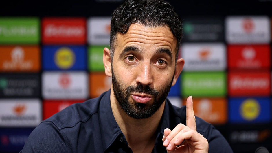  Ruben Amorim, Manager of Manchester United, speaks to the media during a press conference at Carrington Training Ground on May 14, 2025 in Manchester, England. (Photo by Matt McNulty/Getty Images)