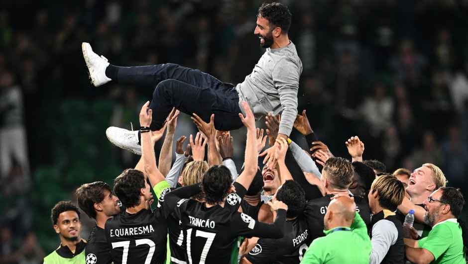 Ruben Amorim, Head Coach of Sporting CP, is thrown into the air by his players to celebrate his last home match as manager at the end of the UEFA Champions League 2024/25 League Phase MD4 match between Sporting Clube de Portugal and Manchester City at Estadio Jose Alvalade on November 05, 2024 in Lisbon, Portugal. (Photo by Justin Setterfield/Getty Images)