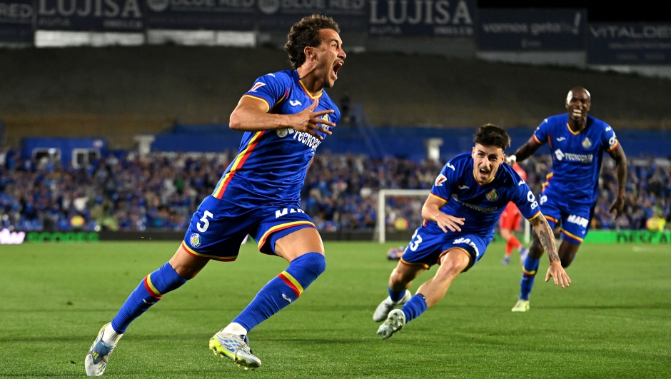  Luis Milla of Getafe CF celebrates scoring his team's first goal during the LaLiga EA Sports match between Getafe CF and CA Osasuna at Coliseum Alfonso Perez on May 23, 2026 in Getafe, Spain. (Photo by Denis Doyle/Getty Images)