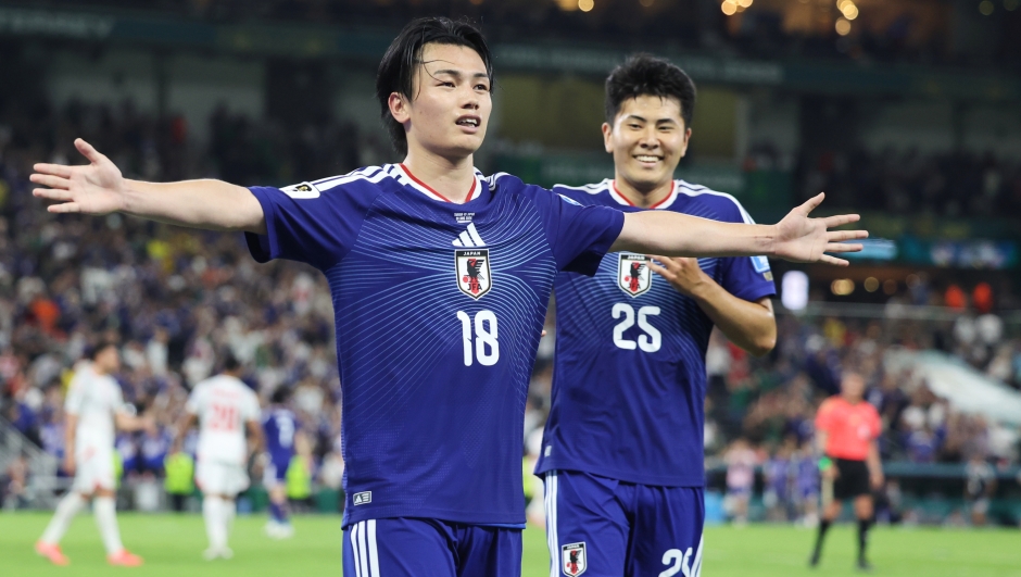 Japan's Ayase Ueda (18) celebrates scoring their fourth goal during the World Cup Group F soccer match between Tunisia and Japan in Guadalupe, near Monterrey, Mexico, Saturday, June 20, 2026. (AP Photo/Addison Simmons)