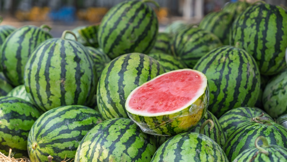 Fresh watermelons on a street fruit stall in summer