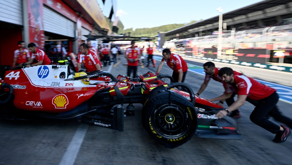 Ferrari driver Lewis Hamilton of Britain makes a pit stop during the second free practice ahead of the Austrian F1 Grand Prix, in Spielberg, Austria, Friday, June 26, 2026. (AP Photo/Denes Erdos)