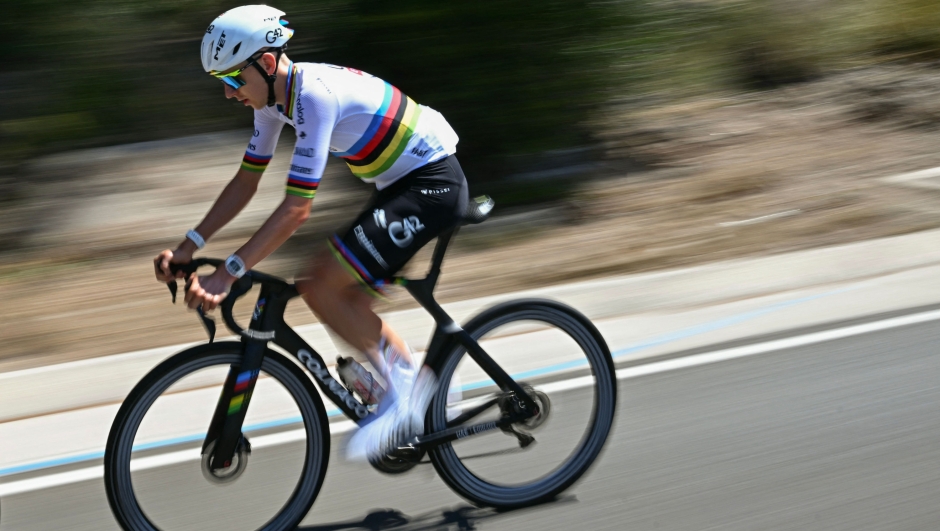 UAE Team Emirates - XRG's Slovenian rider Tadej Pogacar cycles during a training session on the eve of the start of the 113th edition of the Tour de France cycling race, in Barcelona in northeastern Spain, on July 3, 2026. (Photo by Loic VENANCE / AFP)