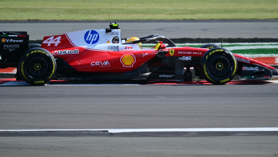 Ferrari's British driver Lewis Hamilton drives during the sprint qualifying session ahead of the Formula One British Grand Prix at the Silverstone motor racing circuit in Silverstone, central England, on July 3, 2026. (Photo by Andrej ISAKOVIC / AFP)