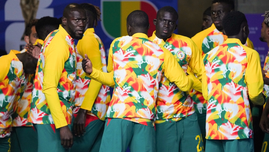 Senegal prepares to take the field for warm ups during the World Cup round of 32 soccer match between Belgium and Senegal in Seattle, Wednesday, July 1, 2026. (AP Photo/Ted S. Warren)