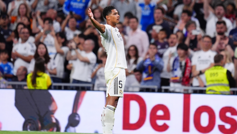 Real Madrid's Jude Bellingham celebrates after scoring during a La Liga soccer match between Real Madrid and Athletic in Madrid, Spain, Saturday, May 23, 2026. (AP Photo/Manu Fernandez)