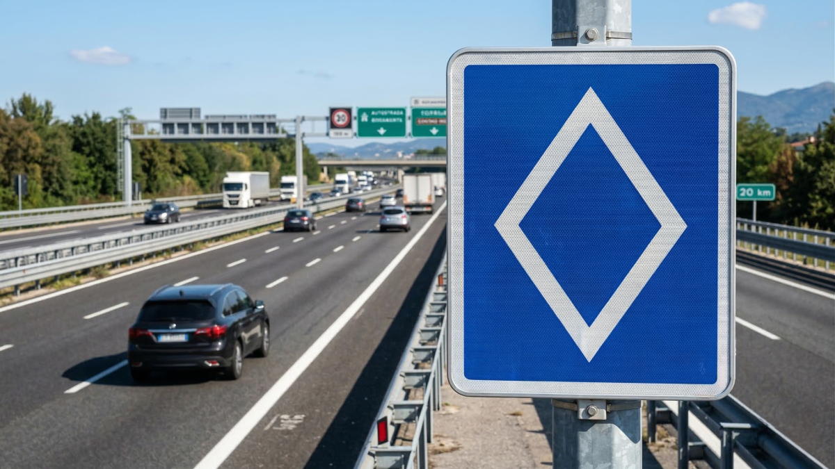 Nuovo cartello con rombo bianco su sfondo blu: cosa significa